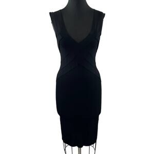 Karen Millen Black Sleeveless V-Neck Viscose Back Zip Belted Bodycon Dress M